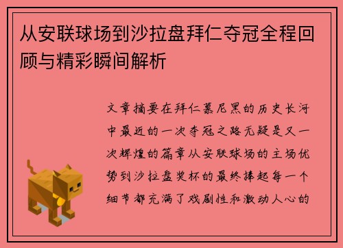 从安联球场到沙拉盘拜仁夺冠全程回顾与精彩瞬间解析