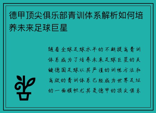 德甲顶尖俱乐部青训体系解析如何培养未来足球巨星